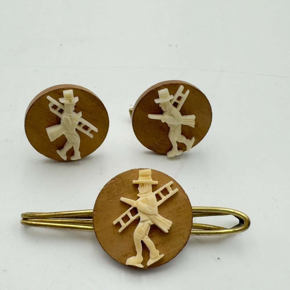 Vintage Cufflinks Tie Bar Set Wood Plastic Chimney Sweep Man Roof Ladder